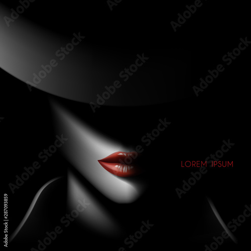 Woman face in shadow with red lips