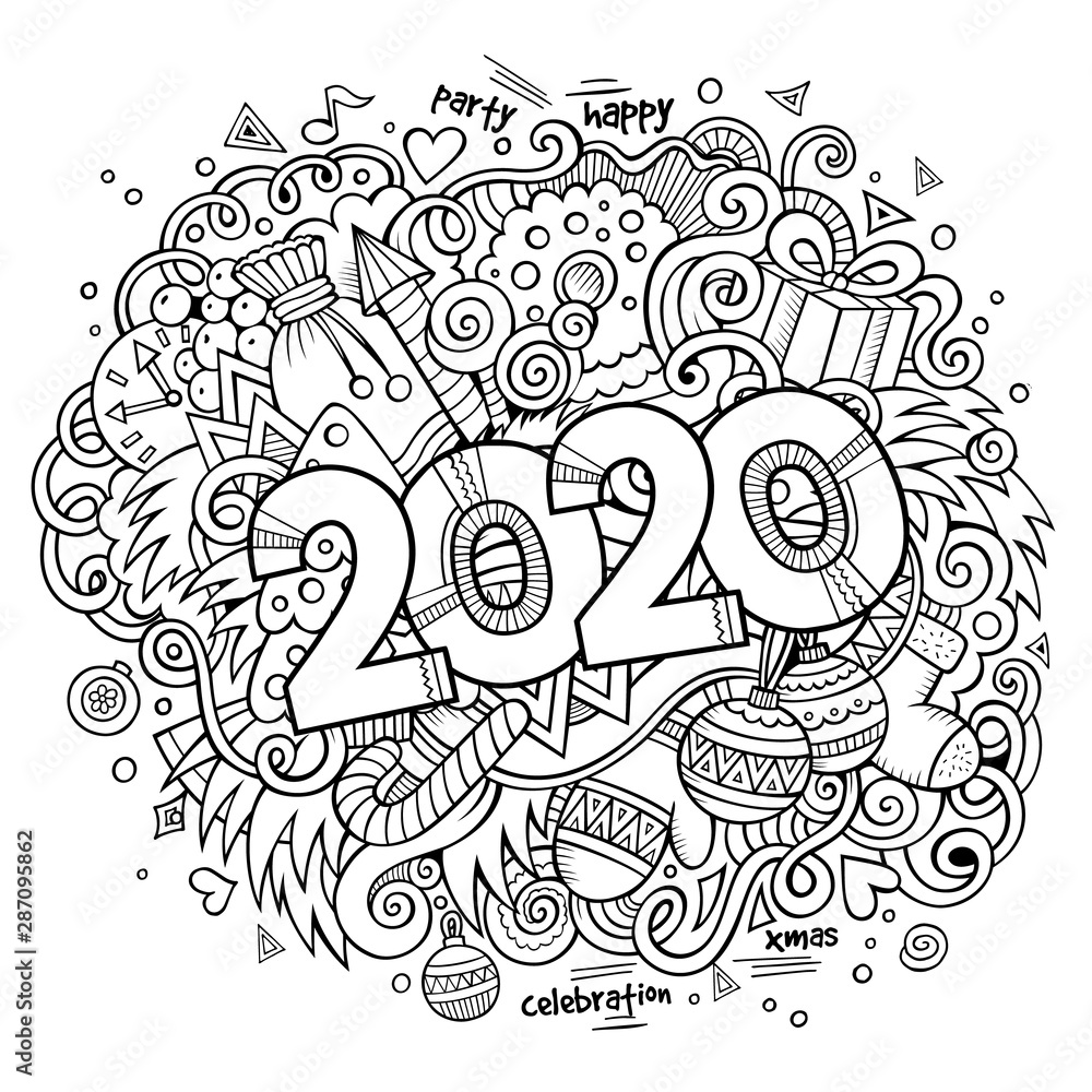 2020 doodles illustration. New Year objects and elements poster design