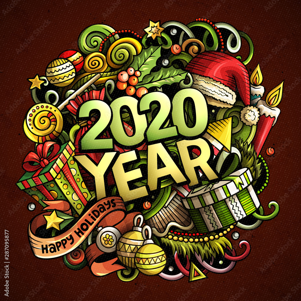 2020 hand drawn doodles illustration. New Year objects and elements poster