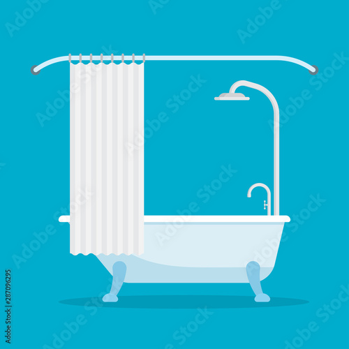 Bathtub with shower isolated on blue background