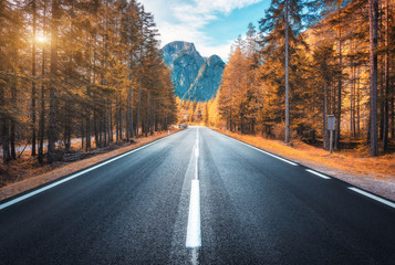 Road in autumn forest at sunset in Italy. Beautiful mountain roadway, trees with orange foliage and sunlight. Landscape with empty asphalt road through woodland, blue sky, high rocks in fall. Travel