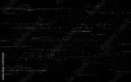Glitch background. Video distortions on black backdrop. Digital signal error. Color pixel noise with distorted lines. Television glitch and random shapes. No signal. Vector illustration
