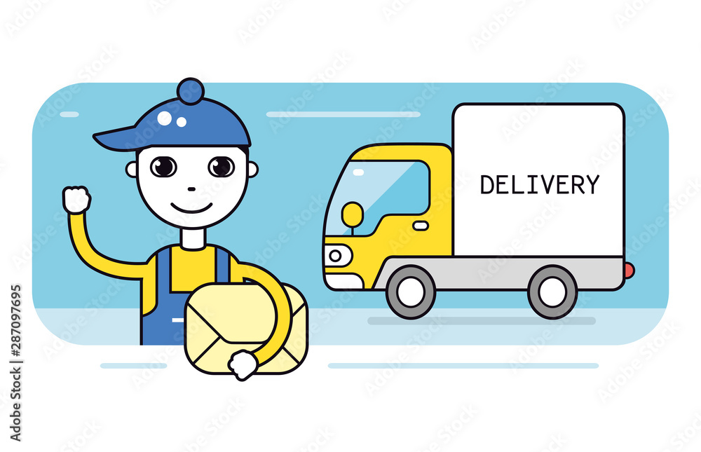 Delivery service courier man holding an envelope or parcel box and a van truck Delivery service courier man holding an envelope or parcel box and a van truck