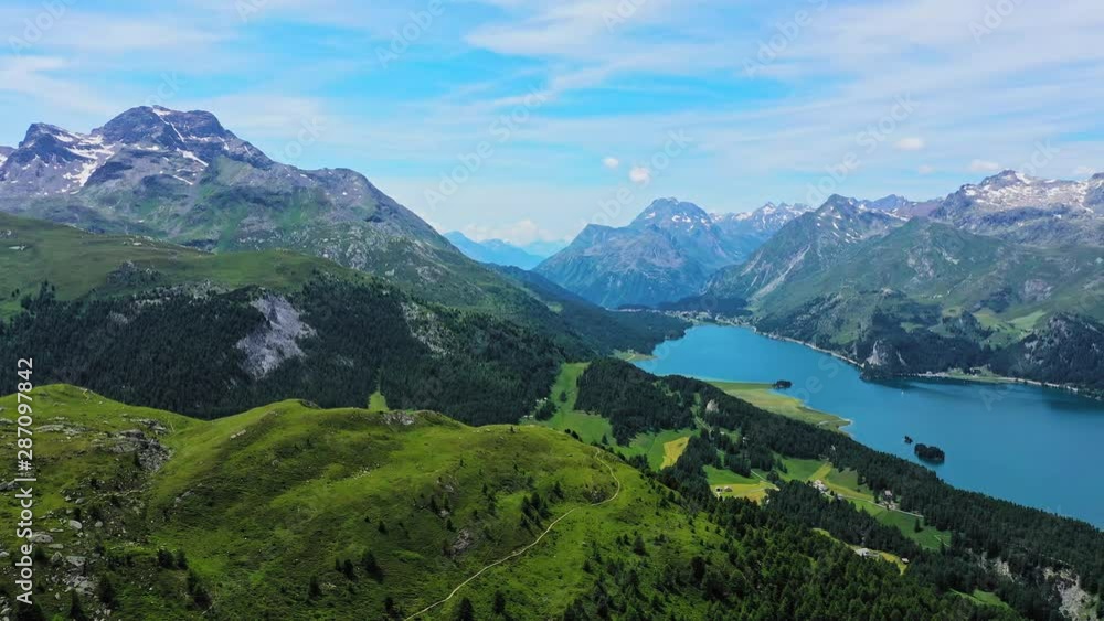 Amazing view over Lake Sils and the Engadin region in Switzerland - aerial timelapse shot Amazing view over Lake Sils and the Engadin region in Switzerland - aerial timelapse shot
