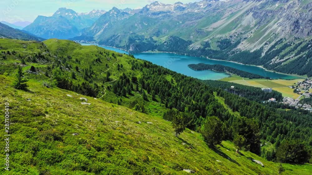 Amazing view over Lake Sils and the Engadin region in Switzerland - aerial timelapse shot Amazing view over Lake Sils and the Engadin region in Switzerland - aerial timelapse shot