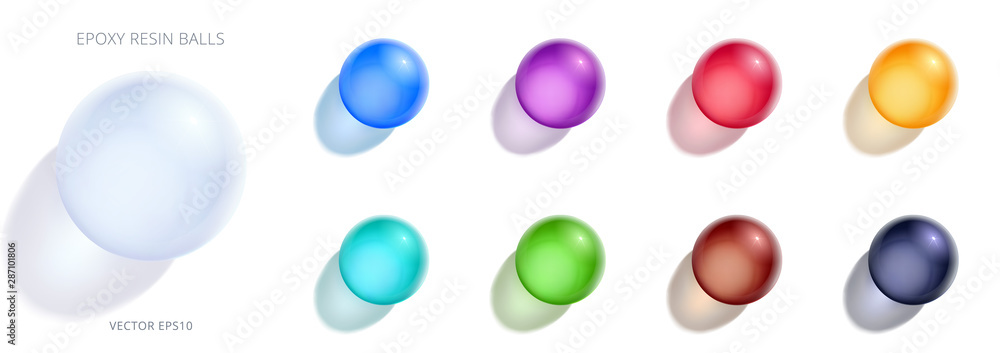  Set of epoxy resin balls. 3d realistic vector icons. Collection of multicolored beads. UV resin for 3D printing. Round   drops of white, blue, red, green and other colors. Fine transparent gradient m