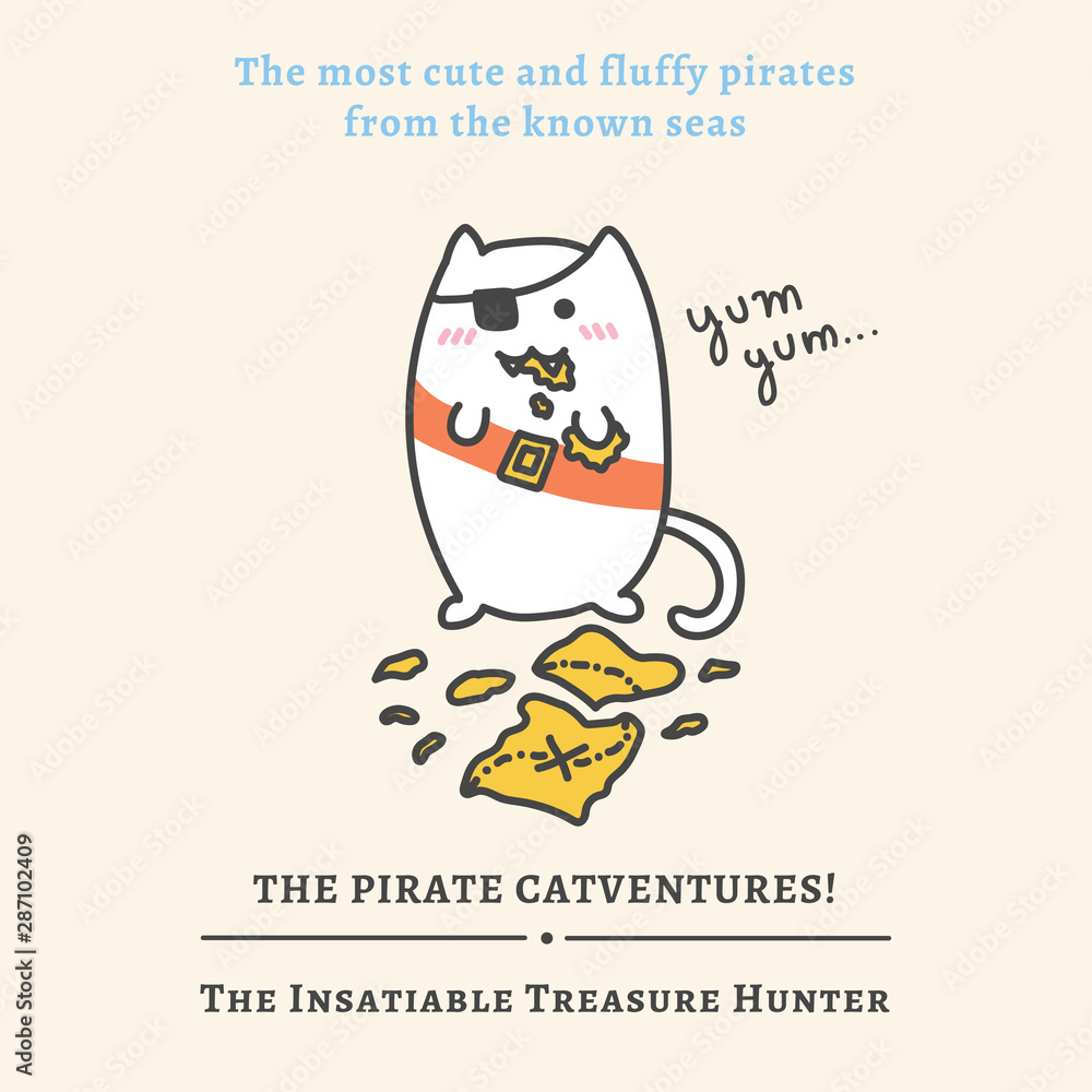 Kawaii pirate cats, super cute and fluffy, happy cartoon characters in pastel colors. Talk like a pirate day and halloween theme graphics for banners, cards, posters and games. The pirate Catventures