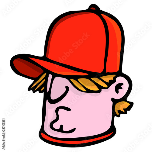 bored boy head with baseball cap over the eyes. puberty, bad mood, illustration.