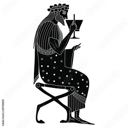 Ancient Greek god of wine Dionysus sitting on throne and drinking cup of wine. Vase painting style. Black and white silhouette.