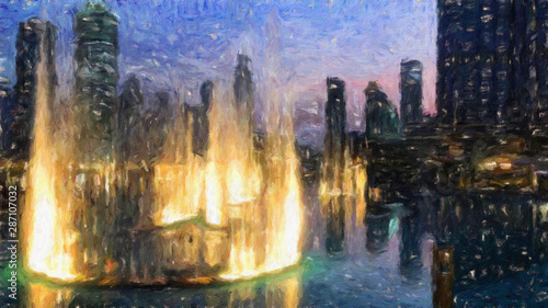 Fototapeta Naklejka Na Ścianę i Meble -  Oil painting on canvas modern city and scyscrapers fine contemporary print art. Mixed media digital drawing. View of Dubai city in OAE. Colorful big town scene for wall poster, postcard, stationary. 