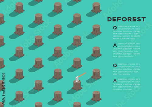 Tree stump with ax 3D isometric pattern, Deforestation concept poster and banner horizontal design illustration isolated on green background with copy space, vector eps 10