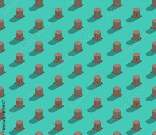 Tree stump 3D isometric seamless pattern, Deforestation concept poster and banner design illustration isolated on green background with copy space, vector eps 10