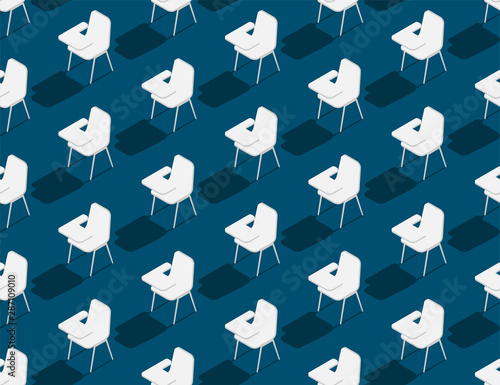 School chair with writing pad 3D isometric seamless pattern, Education classroom concept poster and banner design illustration isolated on blue background with copy space, vector eps 10