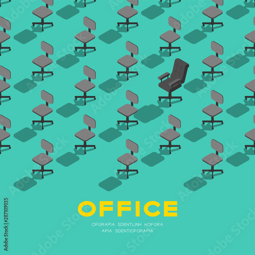 Office staff chair with manager armchair 3D isometric pattern, Advance of occupation concept poster and banner square design illustration isolated on green background with copy space, vector eps 10