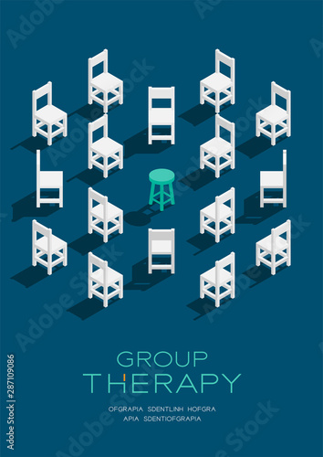 Chair and stool 3D isometric pattern, Group therapy concept poster and banner vertical design illustration isolated on blue background with copy space; vector eps 10