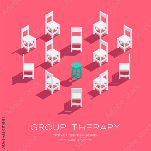 Chair and stool 3D isometric heart shape pattern, Group therapy concept poster and social banner vertical design illustration isolated on pink background with copy space; vector eps 10