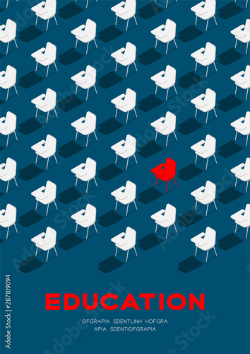 School chair with writing pad 3D isometric pattern, Education classroom concept poster and banner vertical design illustration isolated on blue background with copy space, vector eps 10