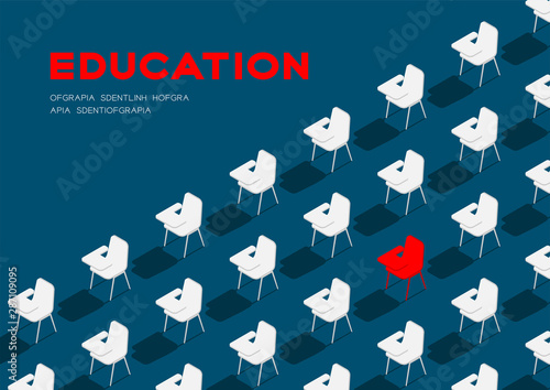 School chair with writing pad 3D isometric pattern, Education classroom concept poster and banner horizontal design illustration isolated on blue background with copy space, vector eps 10