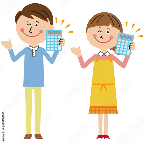 ポップなカップルの男女　電卓