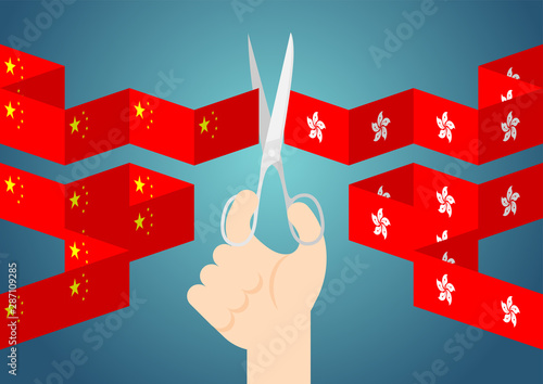 Hand with scissors cut flag paper chain of China and Hong Kong, Protest extradition legal problem concept poster and social banner post design illustration isolated on blue background, vector eps 10