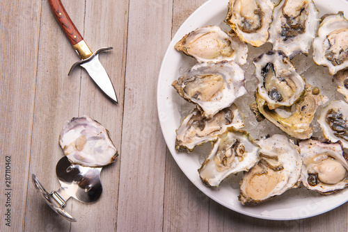 Fresh shucked oysters plate over wood background photo