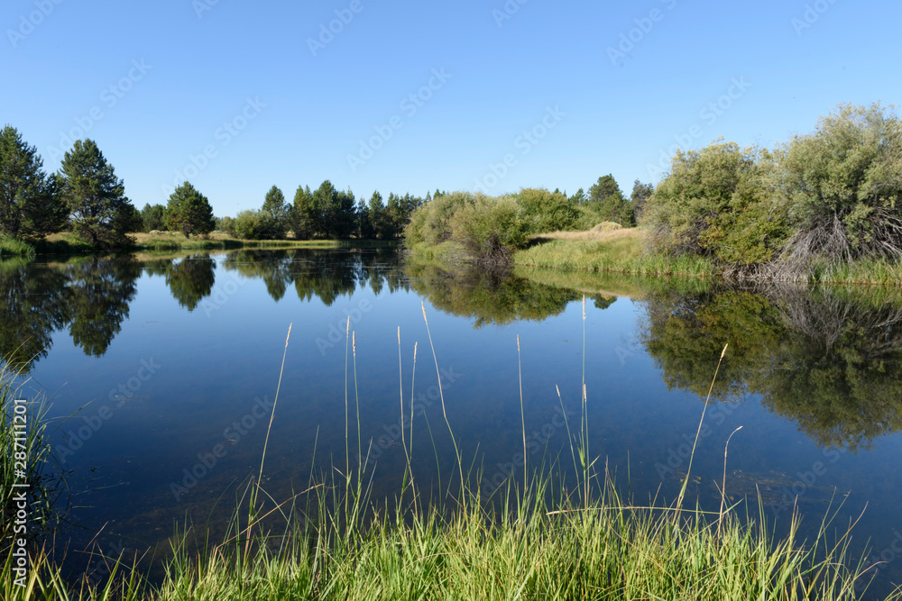 Scenic view of the Deschutes River with trees reflected in the still, blue water. Scenic view of the Deschutes River with trees reflected in the still, blue water.