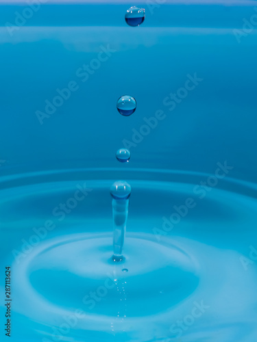 Clean water droplets against the blue background