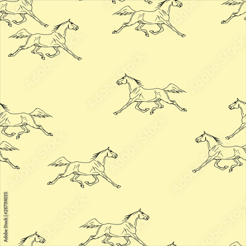 vector seamless monochrome background, black outline of a running horse on a light colored background, ink drawing, silhouettes and contours, lettering