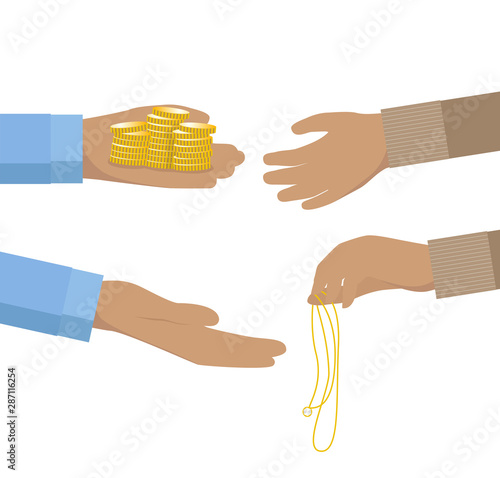 Pawnbroker hand holding pile of coins and giving it to a person pawning jewelry