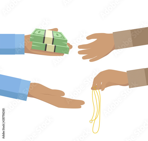 Pawnbroker hand holding pile of notes and giving it to a person pawning jewelry