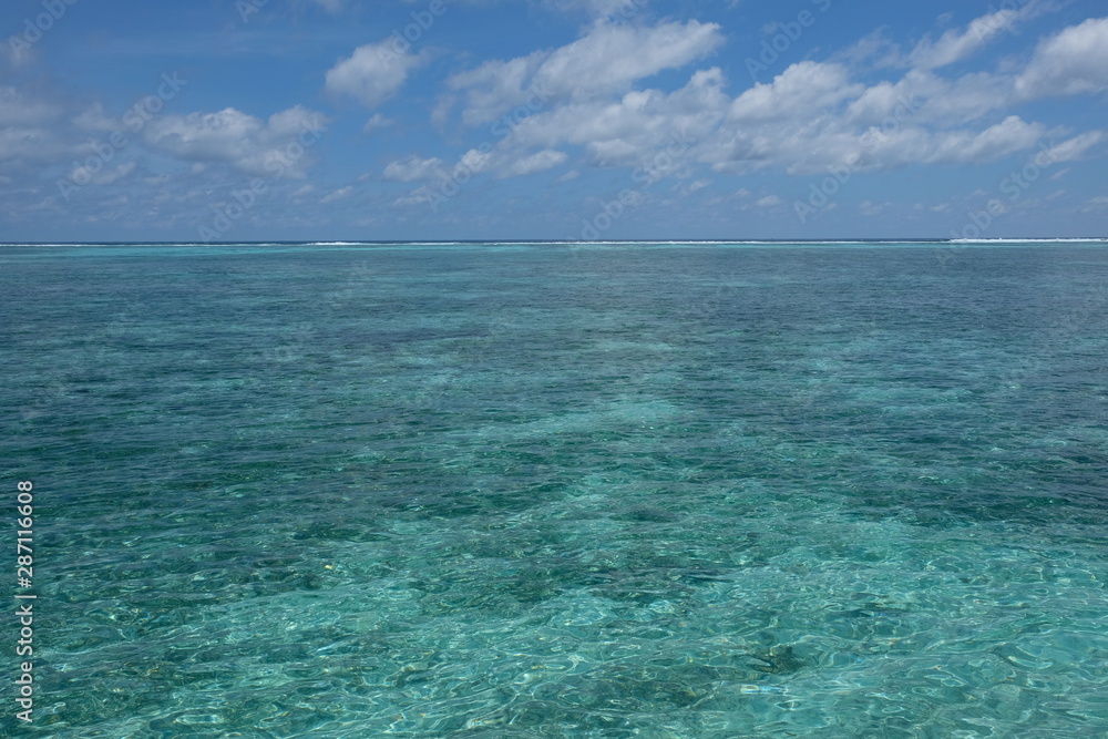 wide green sea horizon under white cloud sunny blue sky in Maldives. coral reefs under shallow clear water
