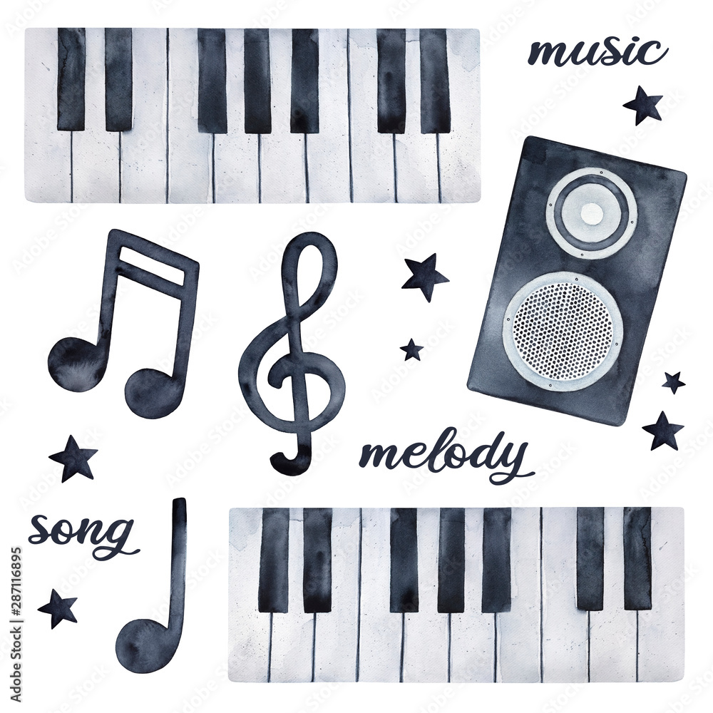 Seamless repeatable pattern with various musical elements: notes, piano  keys, treble clef. Hand drawn watercolour sketchy painting for design,  print, label, album cover, fun card, scrapbooking paper. Stock Illustration  | Adobe Stock