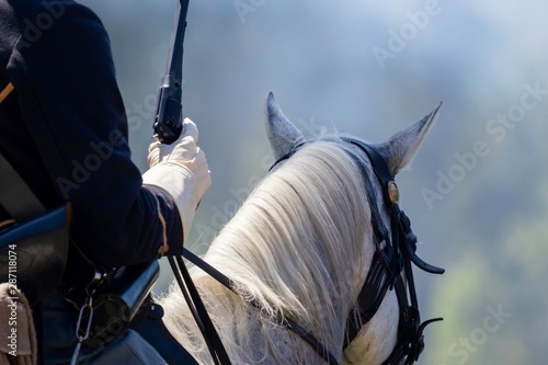Fényképezés Horse and rider during a American Civil war re-enactment riding into a cannon sm