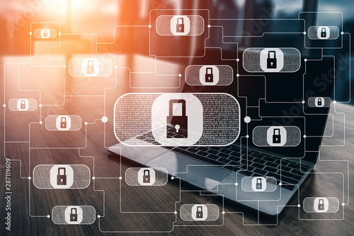 Cyber Security and Digital Data Protection Concept. Icon graphic interface showing secure firewall technology for online data access defense against hacker, virus and insecure information for privacy. photo