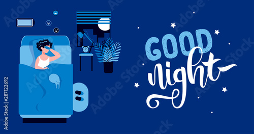 Happy woman sleeping in the bedroom at night with a fully charged battery and sleeping mask. Healthy sleep concept. Good night lettering. Flat vector illustration. Good work of biological rhythms.