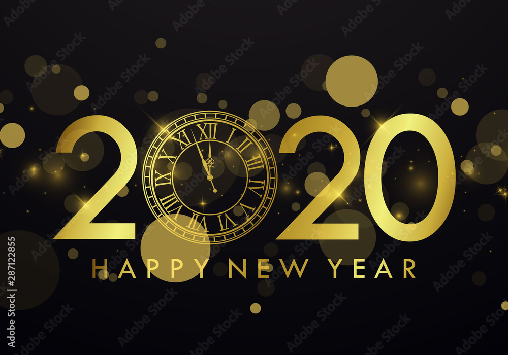 Happy new year 2020 greeting card shining background with clock vector illustration