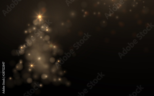 Merry Christmas and Happy New Year. Gold sparkling Christmas tree symbol with gold bokeh abstract background