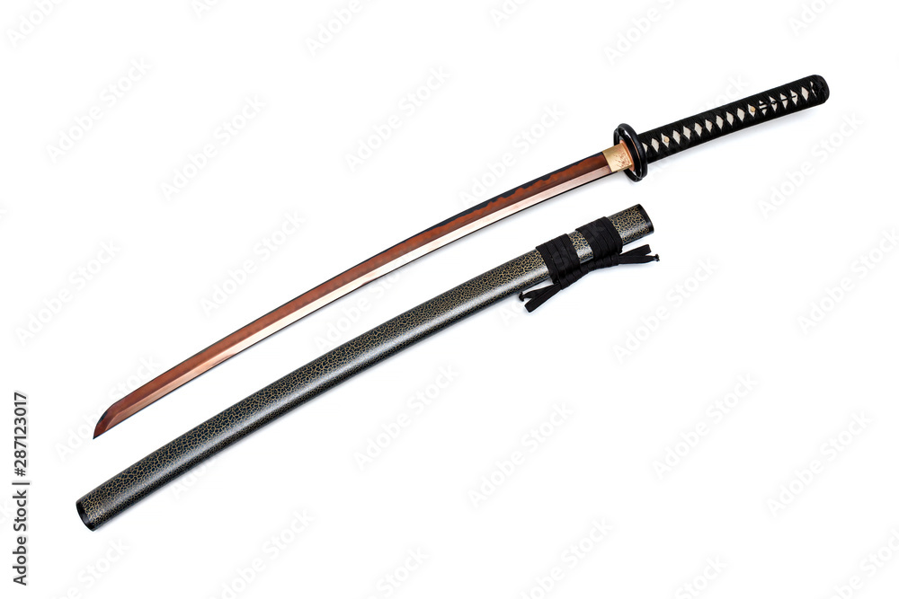 Red blade Japanese sword black cord with full textured scabbard isolated in white background. Red blade Japanese sword black cord with full textured scabbard isolated in white background.