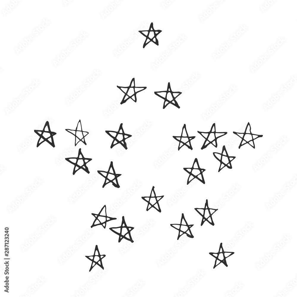 Vector hand drawn star consists of 20 different stars. This illustration can be used as a poster, fabric, t-shirt prints, cards or set of isolated elements for your other projects.