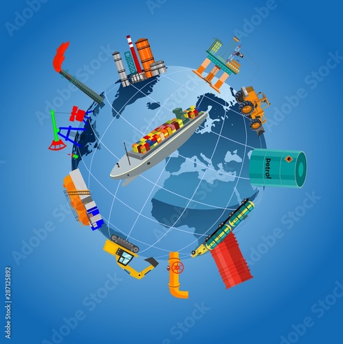 Global logistics network.  3d vector illustration Plane, truck, train, ship logistic  rail transportation . Concept Delivery service around the world globe.