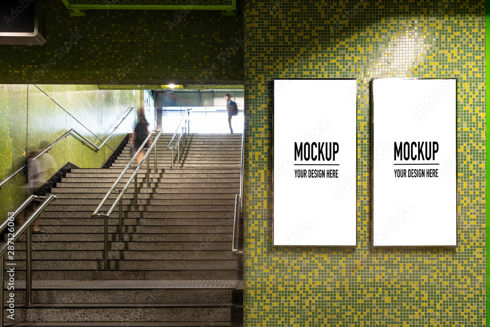 Blank billboard located in underground hall or subway for advertising, mockup concept, Low light speed shutter