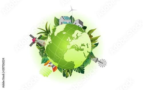 Eco Friendly, energy saving and eco safety, green energy concept, around the globe  illustration. Earth Day.