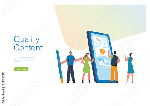 Engaging Content, Blogging, Blogger. Freelance. Marketing content. Creative writing. Copy writer. Content management. Flat cartoon miniature  illustration vector graphic on white background.