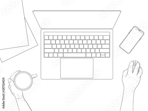 Flatlay with a workplace. Office desk top view - hands with a cup of coffee, laptop, phone and paper