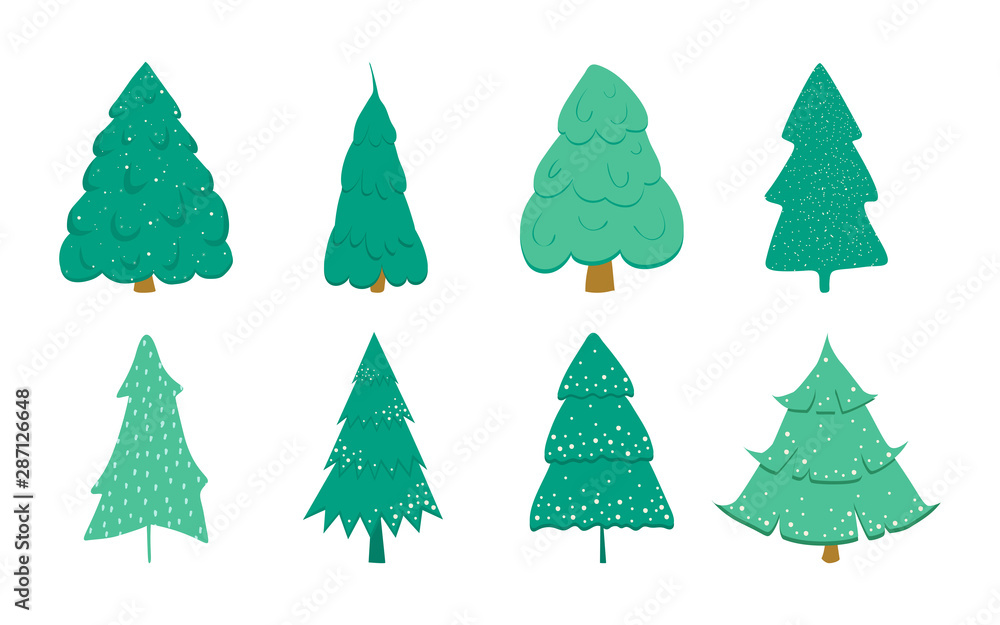 Christmas tree set decorated with snow isolated on white background. Christmas tree in cartoon style for postcards, banner, poster. Vector illustration