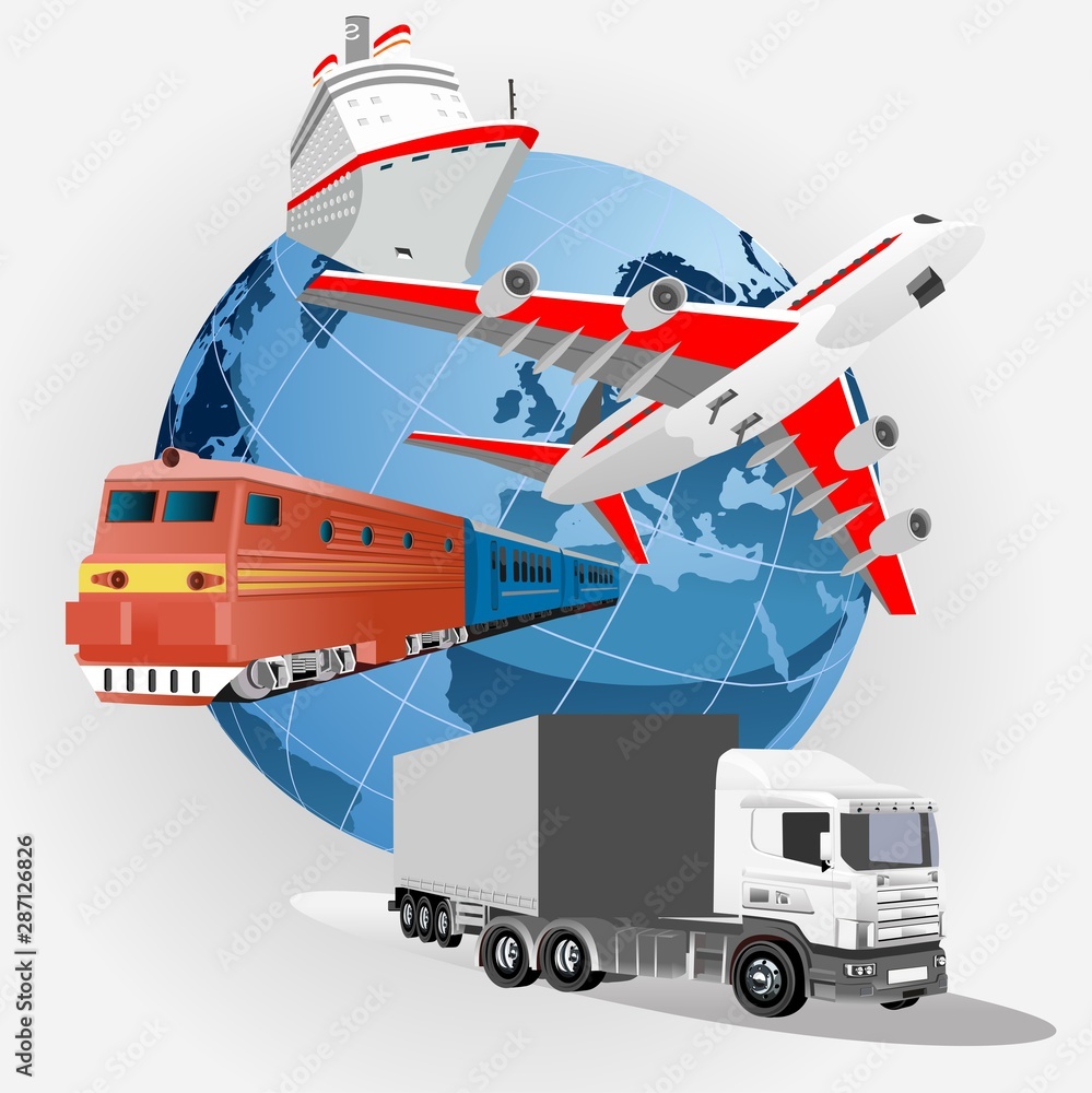 Global logistics network. 3d vector illustration Plane, truck, train, ship logistic rail transportation . Concept Delivery service around the world globe. Global logistics network. 3d vector illustration Plane, truck, train, ship logistic rail transportation . Concept Delivery service around the world globe.