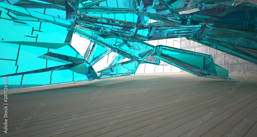 Fototapeta premium Abstract concrete, glass and wood interior with window. 3D illustration and rendering.