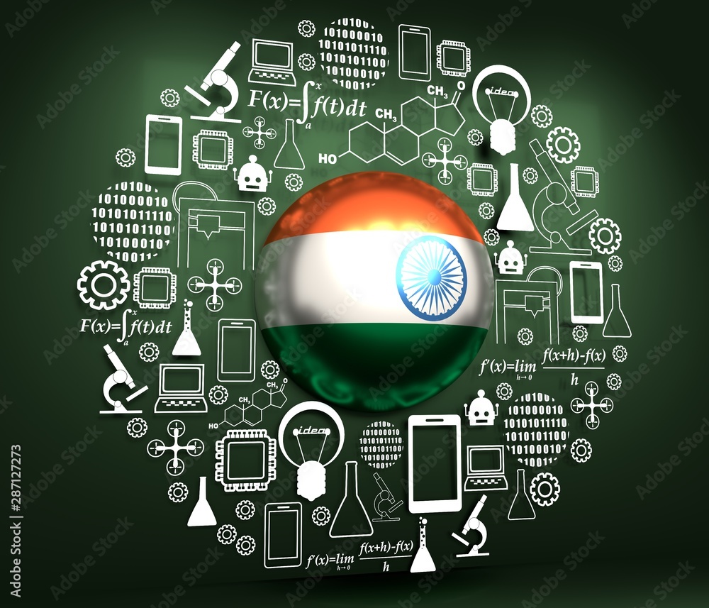 Fototapeta premium Innovation and technology concept. Template for presentation. Circle frame with thin line icons. Flag of the India. 3D rendering.