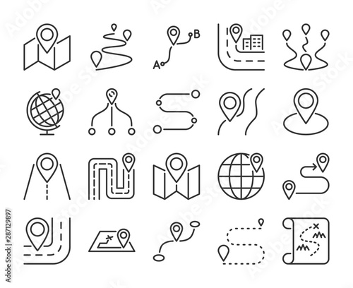 Route icon. Road map line icons set. Vector illustration.