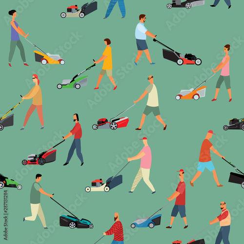 Different people mow grass with lawn mowers. Seamless pattern. Vector full color graphics